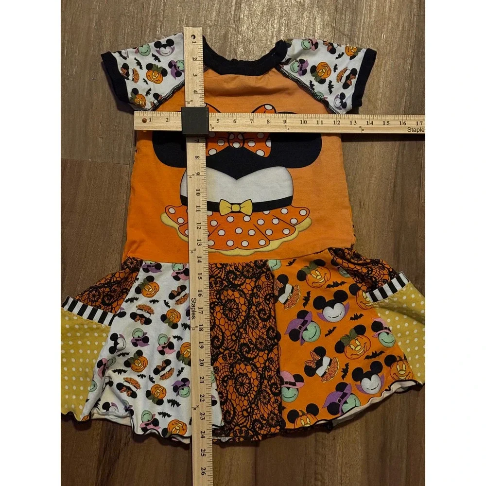 Disney Minnie Mouse Halloween Patchwork Dress Orange Polka Dot Girls Size 5-7